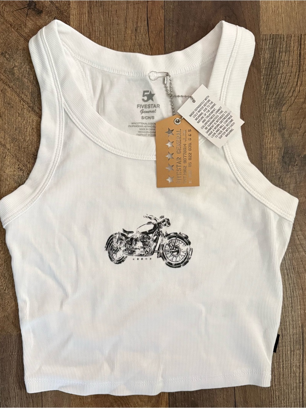 FiveStar General White Ribbed Tank with Harley Motorcycle Graphic, NWT Tilly’s S